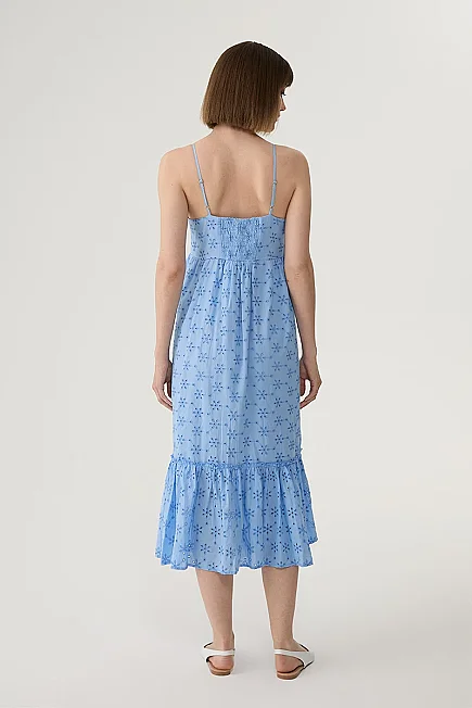 Spaghetti Strap Broderie Dress with Front Bow - Blue - Gusto