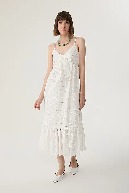 Spaghetti Strap Broderie Dress with Front Bow - White - Gusto