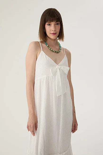 Spaghetti Strap Broderie Dress with Front Bow - White - Gusto