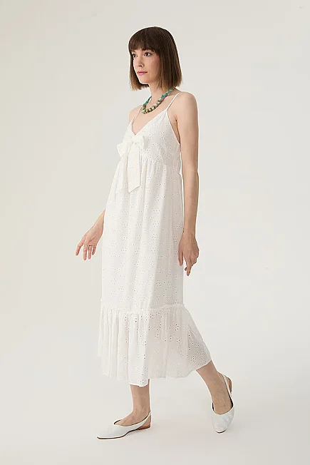 Spaghetti Strap Broderie Dress with Front Bow - White - Gusto