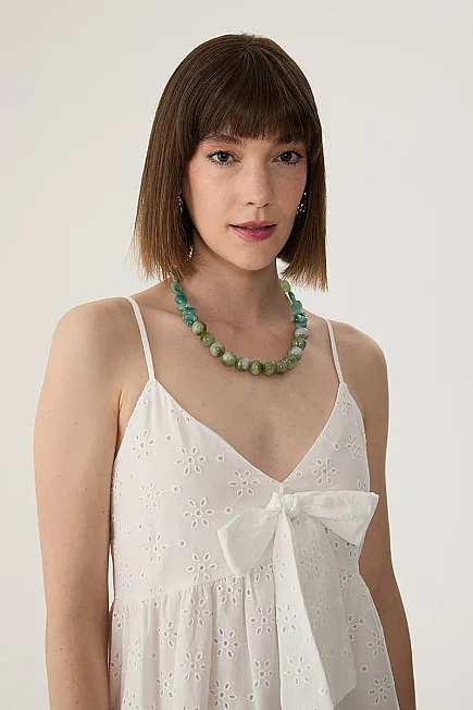 Spaghetti Strap Broderie Dress with Front Bow - White - Gusto