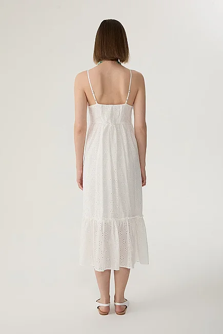 Spaghetti Strap Broderie Dress with Front Bow - White - Gusto