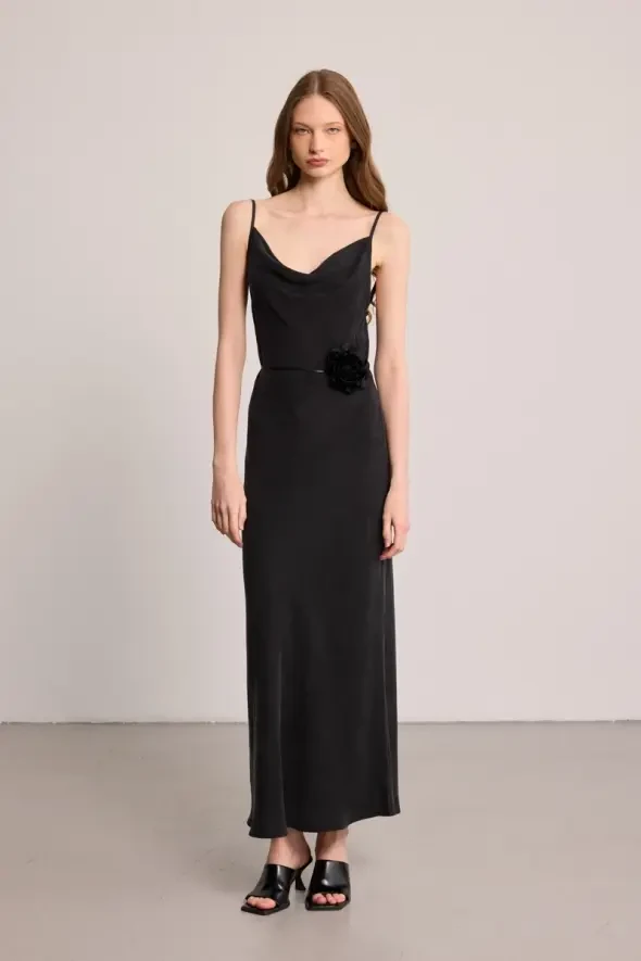 Spaghetti Strap Draped Neck Lyocell Dress - Black - 1