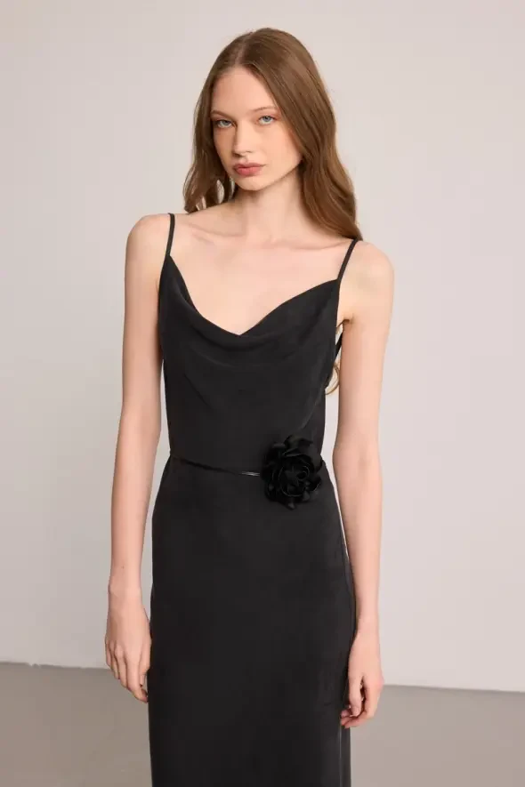 Spaghetti Strap Draped Neck Lyocell Dress - Black - 2