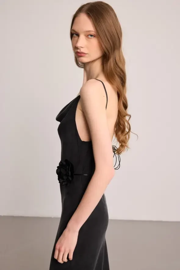 Spaghetti Strap Draped Neck Lyocell Dress - Black - 3