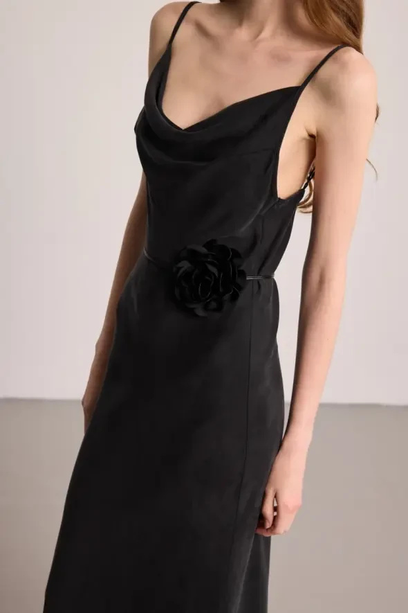 Spaghetti Strap Draped Neck Lyocell Dress - Black - 4
