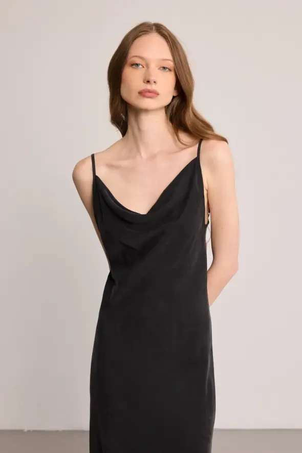 Spaghetti Strap Draped Neck Lyocell Dress - Black - 6