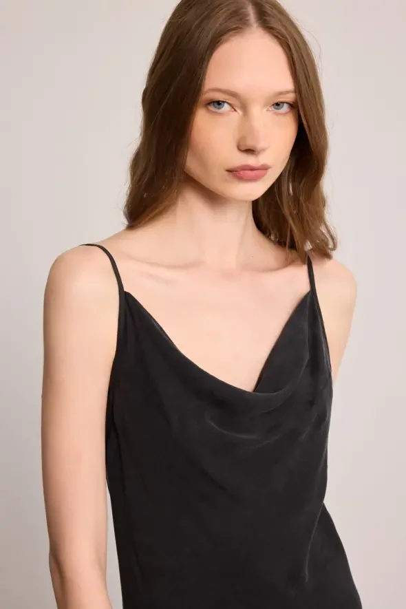Spaghetti Strap Draped Neck Lyocell Dress - Black - 7