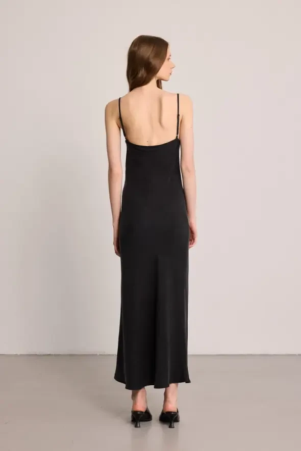 Spaghetti Strap Draped Neck Lyocell Dress - Black - 8
