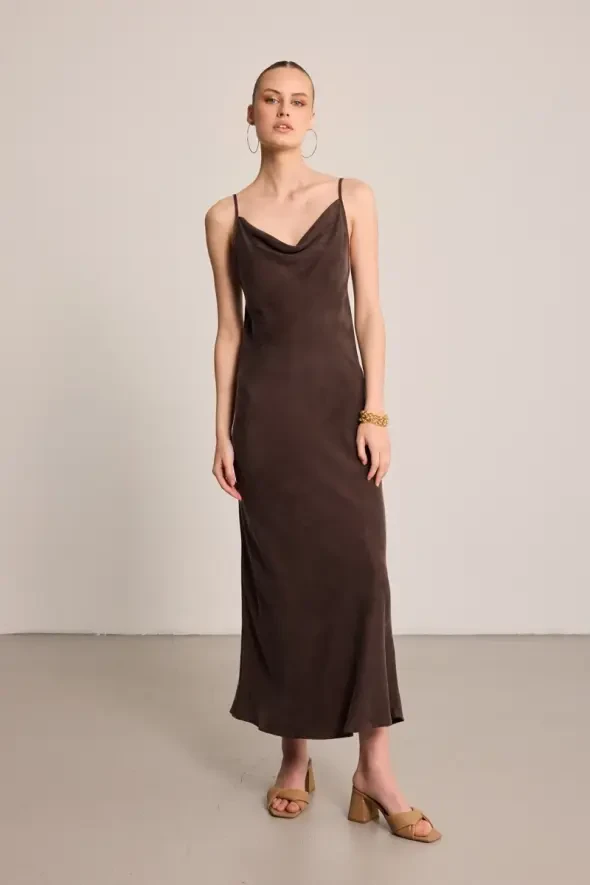 Spaghetti Strap Draped Neck Lyocell Dress - Brown - 2