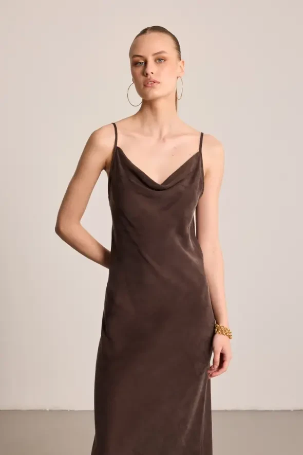 Spaghetti Strap Draped Neck Lyocell Dress - Brown - 3
