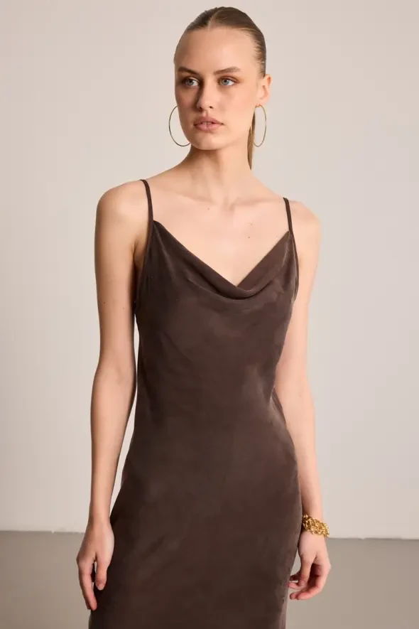 Spaghetti Strap Draped Neck Lyocell Dress - Brown - 5
