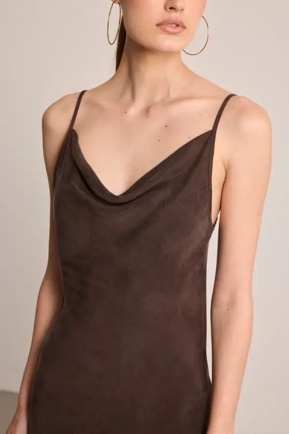 Spaghetti Strap Draped Neck Lyocell Dress - Brown - 4