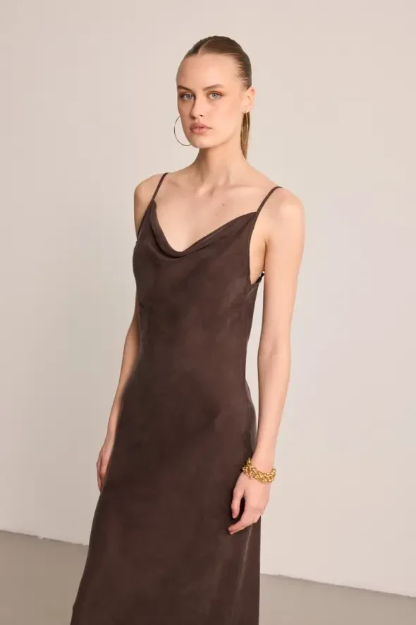 Spaghetti Strap Draped Neck Lyocell Dress - Brown - 6