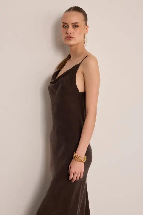 Spaghetti Strap Draped Neck Lyocell Dress - Brown - 7