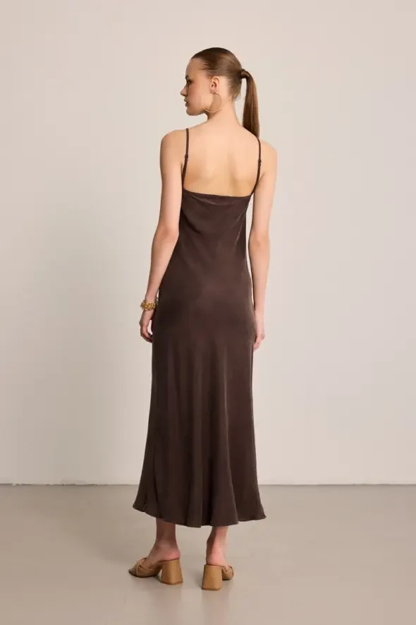 Spaghetti Strap Draped Neck Lyocell Dress - Brown - 8