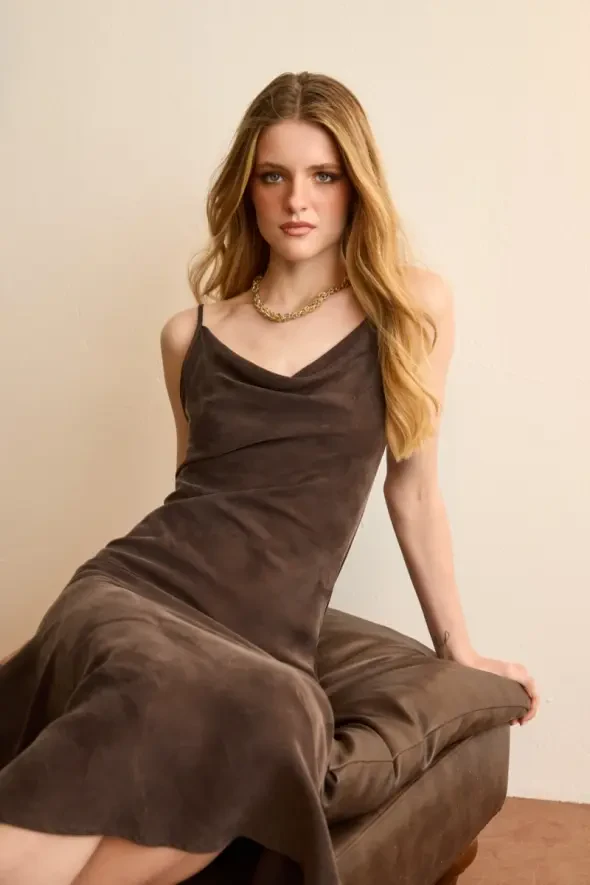 Spaghetti Strap Draped Neck Lyocell Dress - Brown - 1