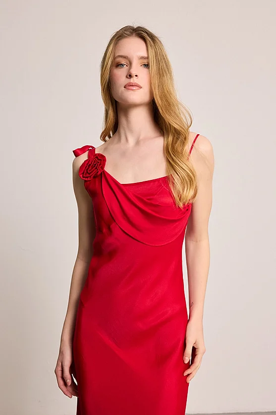 Spaghetti Strap Evening Dress with Rose Brooch - Red - 4