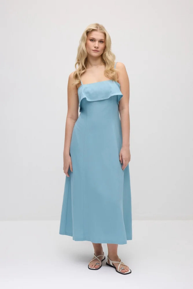 Spaghetti Strap Front Ruffle Long Cotton Linen Dress - Blue Blue