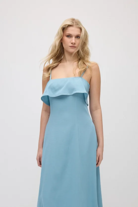 Spaghetti Strap Front Ruffle Long Cotton Linen Dress - Blue - Gusto