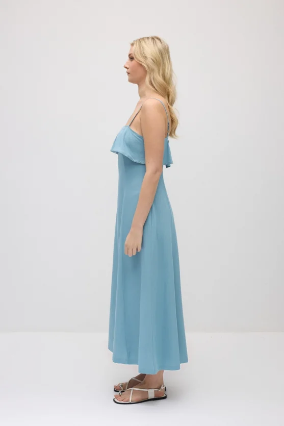 Spaghetti Strap Front Ruffle Long Cotton Linen Dress - Blue - Gusto