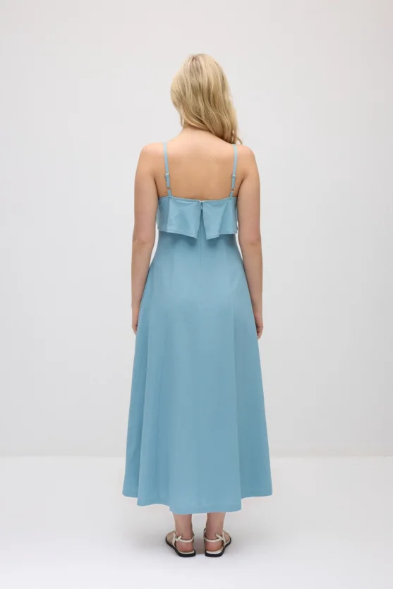 Spaghetti Strap Front Ruffle Long Cotton Linen Dress - Blue - 5