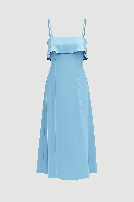 Spaghetti Strap Front Ruffle Long Cotton Linen Dress - Blue - 6