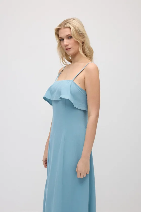 Spaghetti Strap Front Ruffle Long Cotton Linen Dress - Blue - 4