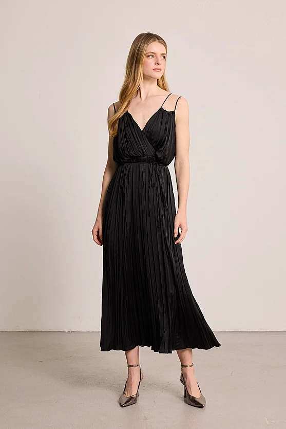 Spaghetti Strap Long Evening Dress - Black - 1