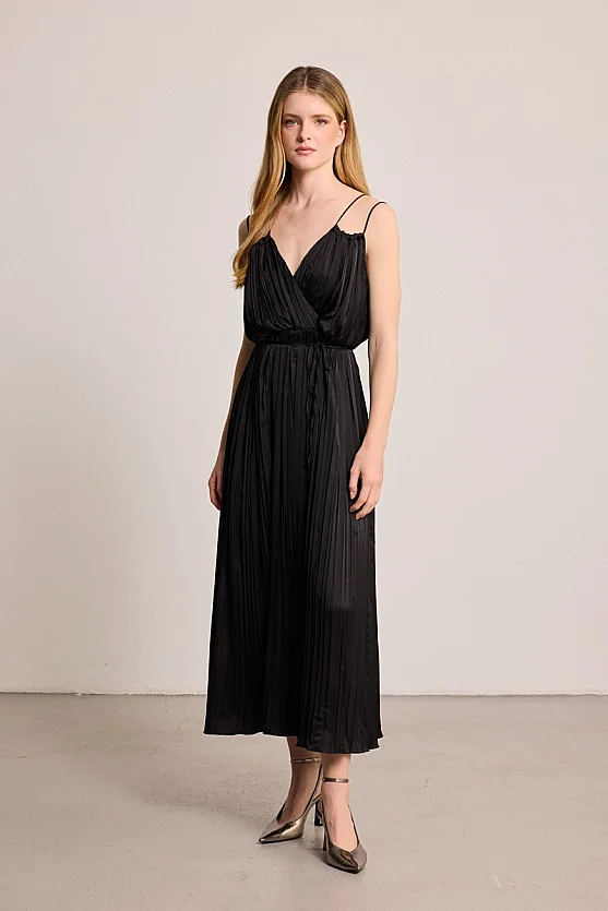 Spaghetti Strap Long Evening Dress - Black - 3