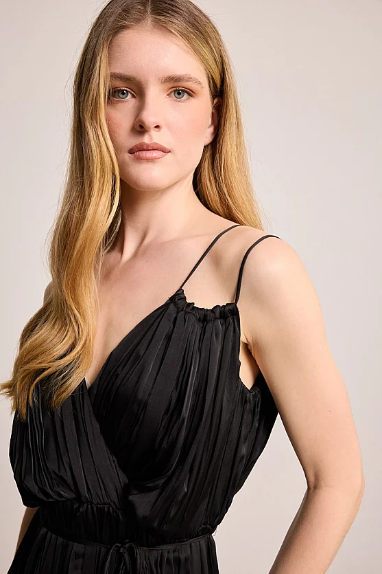 Spaghetti Strap Long Evening Dress - Black - 4