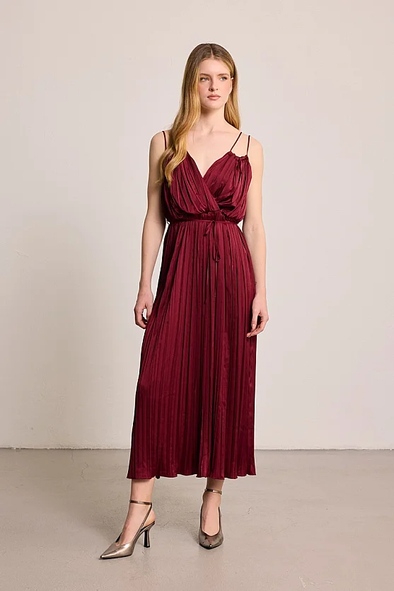 Spaghetti Strap Long Evening Dress - Burgundy - 1
