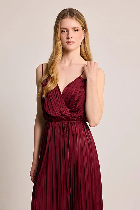 Spaghetti Strap Long Evening Dress - Burgundy - 2