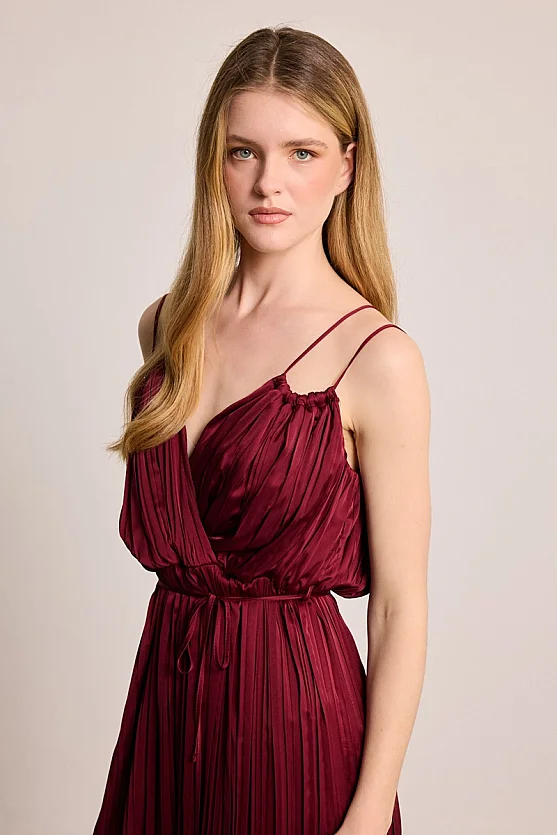 Spaghetti Strap Long Evening Dress - Burgundy - 3