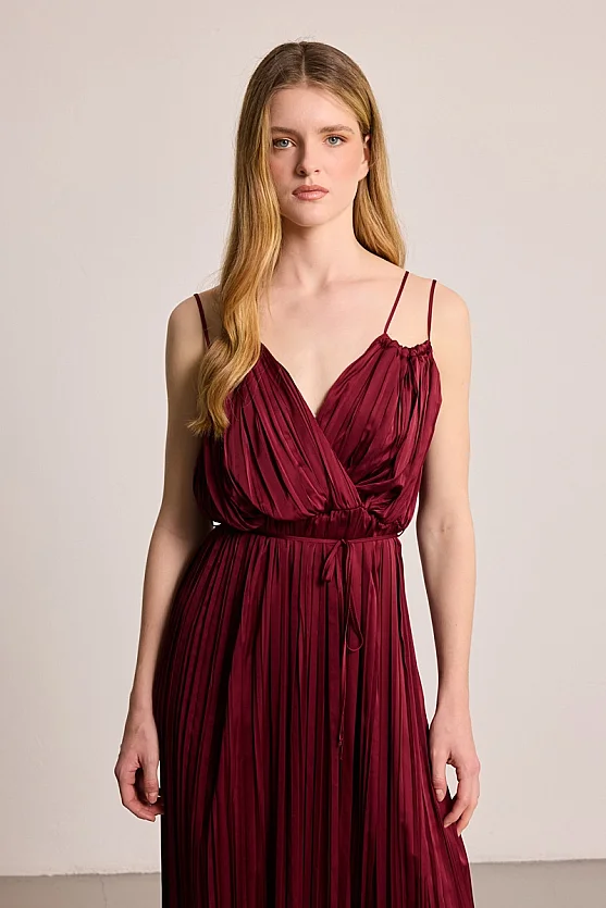 Spaghetti Strap Long Evening Dress - Burgundy - 4
