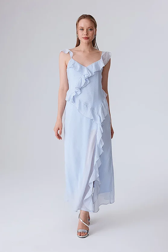 Spaghetti Strap Ruffle Evening Dress - Blue - Gusto