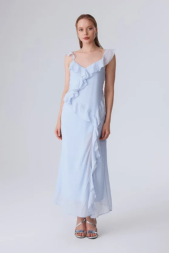 Spaghetti Strap Ruffle Evening Dress - Blue - Gusto