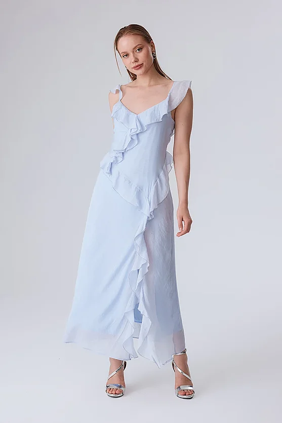 Spaghetti Strap Ruffle Evening Dress - Blue - Gusto
