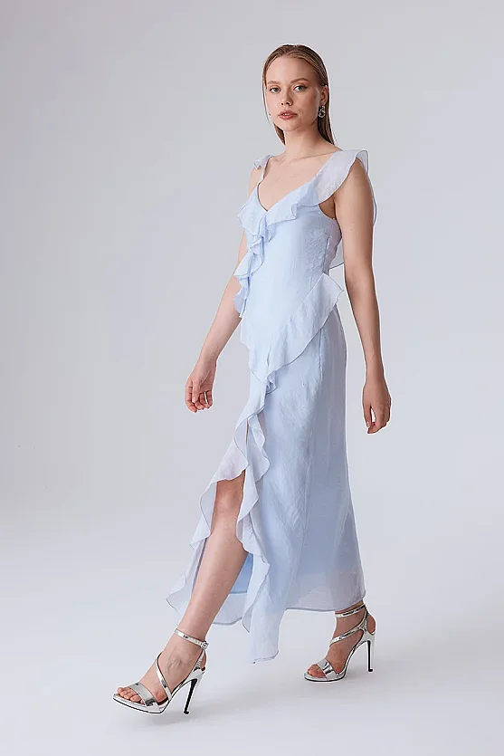 Spaghetti Strap Ruffle Evening Dress - Blue - Gusto