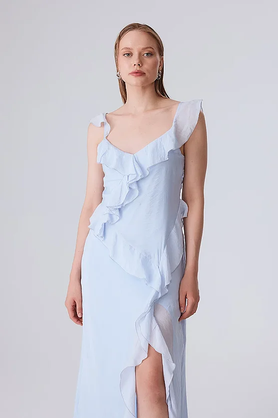 Spaghetti Strap Ruffle Evening Dress - Blue - Gusto