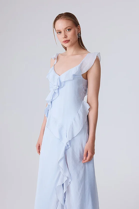 Spaghetti Strap Ruffle Evening Dress - Blue - Gusto