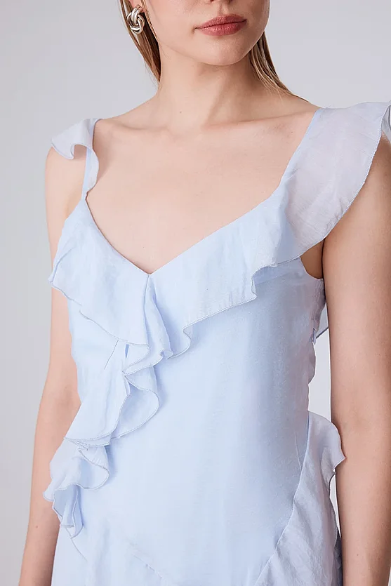 Spaghetti Strap Ruffle Evening Dress - Blue - Gusto