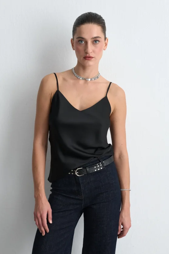 Spaghetti Strap Satin Camisole Black - 1