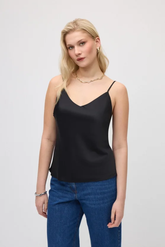 Spaghetti Strap Satin Tank - Black - Gusto
