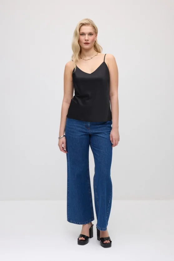 Spaghetti Strap Satin Tank - Black - 2