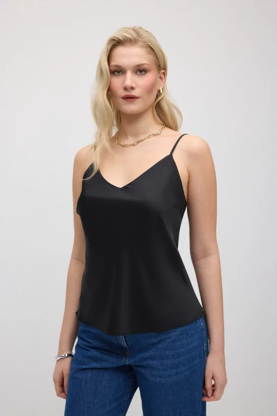 Spaghetti Strap Satin Tank - Black - Gusto