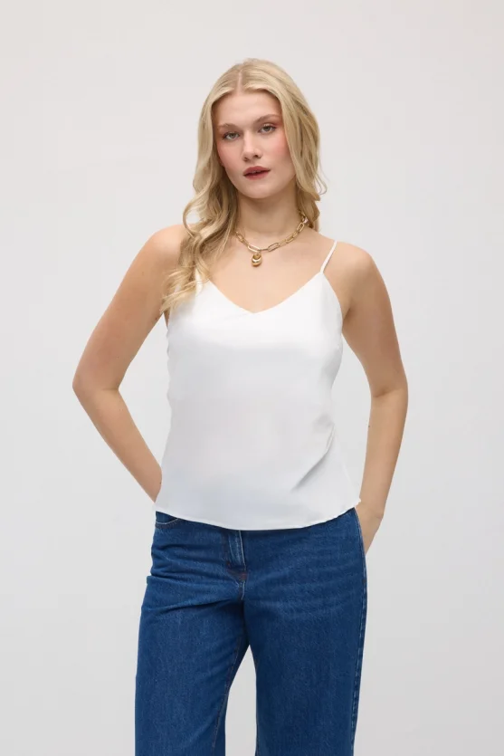 Spaghetti Strap Satin Tank - White - 2