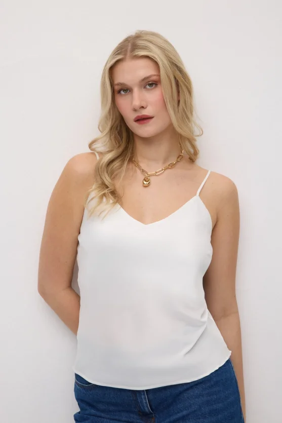 Spaghetti Strap Satin Tank - White - 1