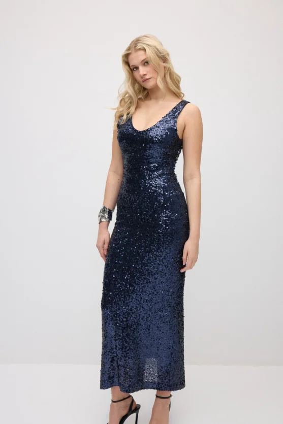 Spaghetti Strap Sequin Premium Long Evening Dress - Navy Blue - 4