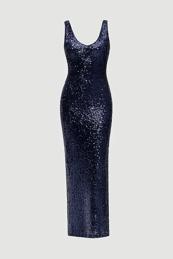 Spaghetti Strap Sequin Premium Long Evening Dress - Navy Blue - 7